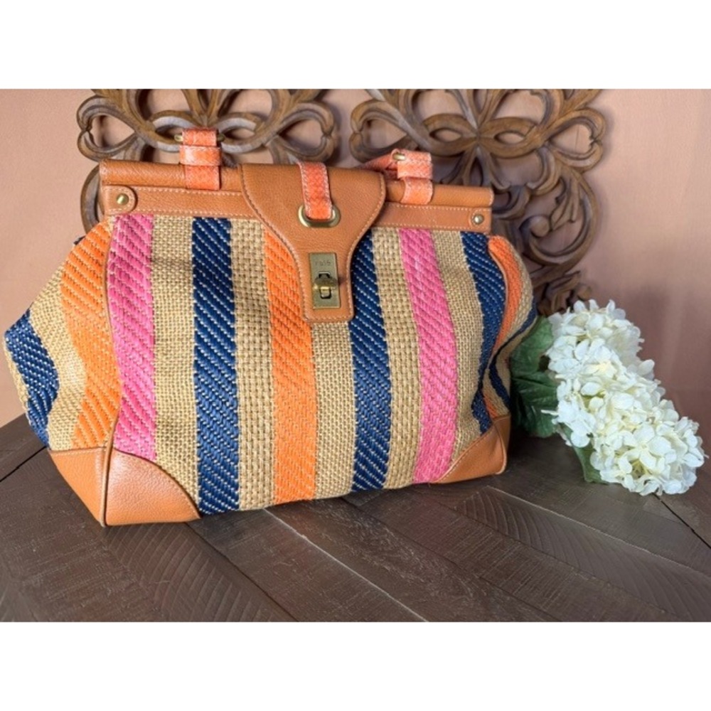 Rafé New York Woven Straw Leather Satchel Bag Pink Orange Blue